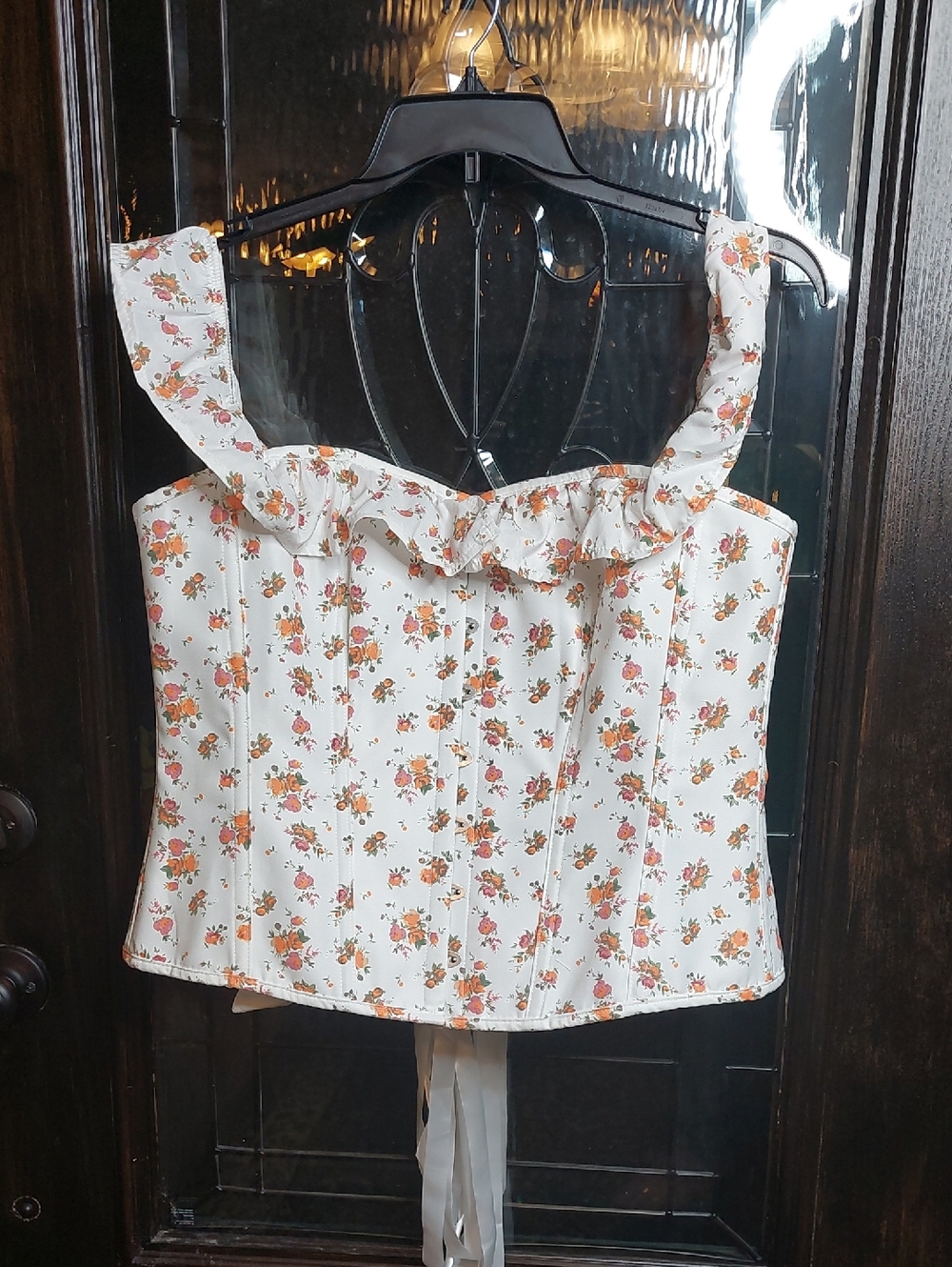 Floral Ruffle Corset Top - White with Orange Rose Print UK Sz 24